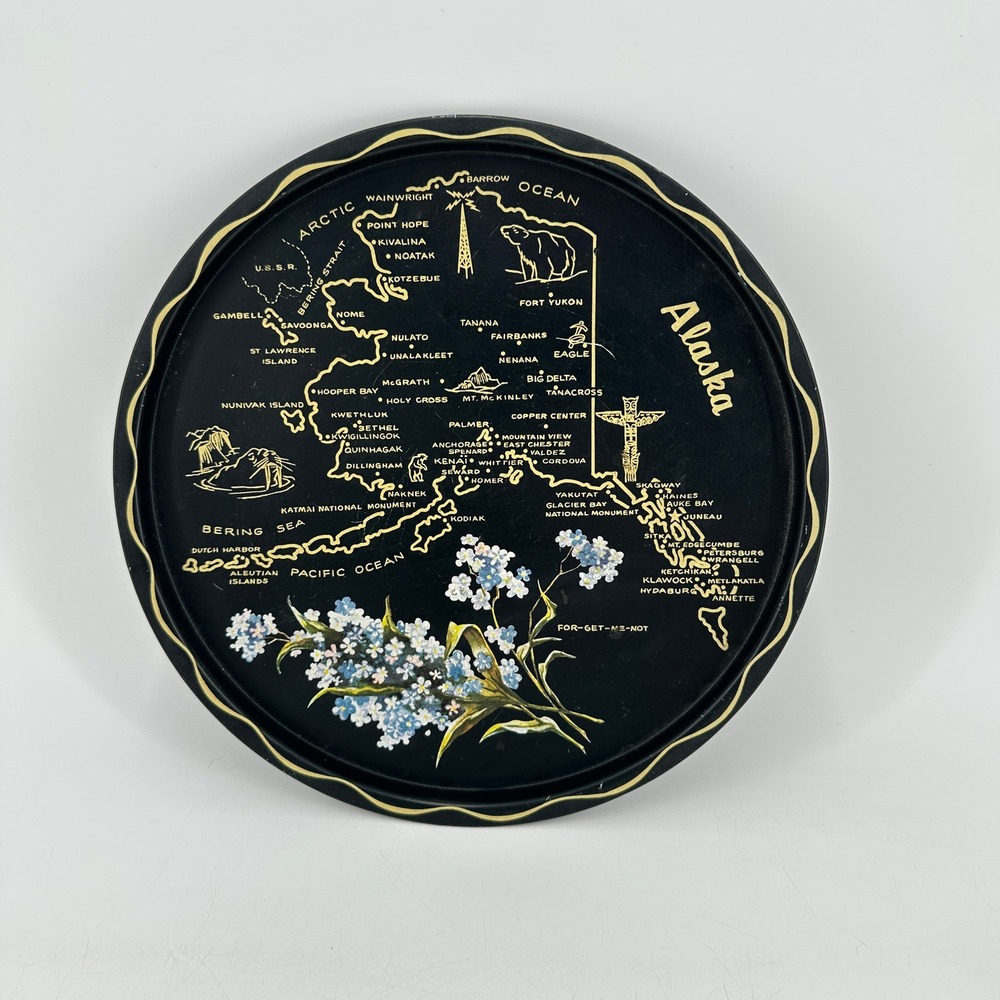 Vintage Alaska Souvenir Metal Map Tray Black Gold Forget Me Not Flowers 11 Inch